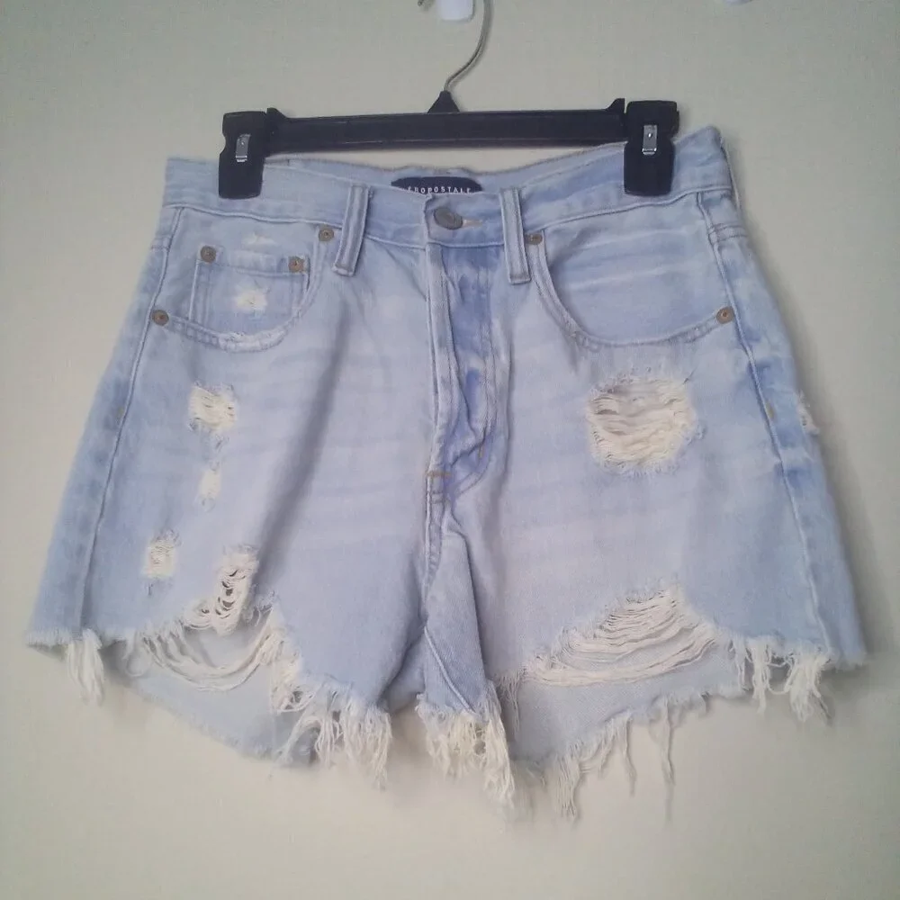 Aeropostale Shorts 6 Women High Rise Cut-Off Button Fly Distressed Raw Hem Blue